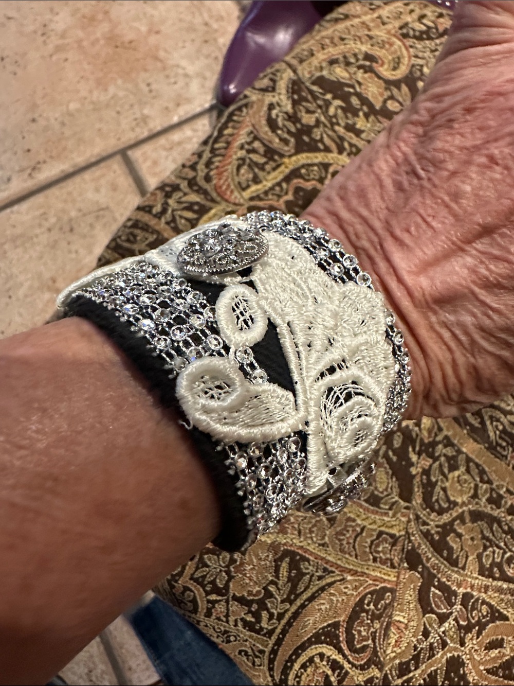 Embellished White Lace and Silver Cuff Bracelet